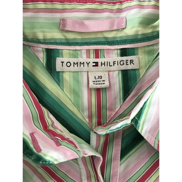 Tommy Hilfiger | Button Front Shirt Womens Size L Green Collar Cuff Cotton - Picture 11 of 12